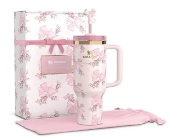 Stanley x LoveShackFancy 40oz Tumbler: Pink Bow Floral Travel Mug with Straw, Gift Box
