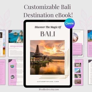 Può includere: Un tablet digitale mostra un eBook personalizzabile sulla destinazione Bali con il testo "Discover The Magic Of Bali". La copertina presenta un tempio al tramonto. Le pagine circostanti mostrano informazioni di viaggio. Il logo Canva è visibile.