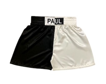 Custom made Black and white Silk Satin Boxing Shorts, Silk Satin Boxing Trunks for Adults and kids, Silk Satin Men and baby Boxing Shorts
