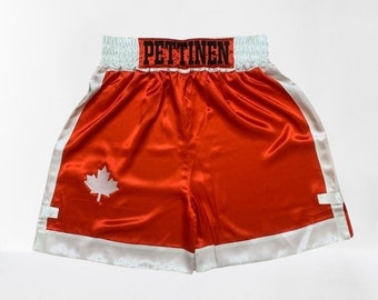 K15-Custom made silk satin men boxing shorts, personalized silk adults and baby boxing trunks, Flag embroidery boxing shorts as requests