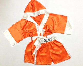 K3-Custom Made Satin Baby Tangerine BOXING Robe Trunk set Boxing Outfit Custom baby boxer outfit Boxer costume little fighter