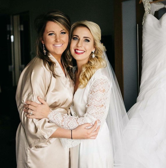 Bridal Robe With Lace Sleeves Satin Monogrammed Robes Etsy