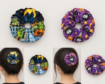 Custom Halloween Satin Scrunchie, Pumpkin, Witch, Cat Print Hair Tie (1 Piece)
