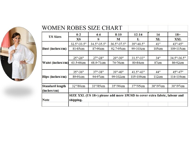 May include: A white women's robes size chart with bust, waist, hips, and standard length measurements in inches and centimeters. The chart includes sizes XS to XXL (US 18+). A woman wearing a white robe is in the corner.