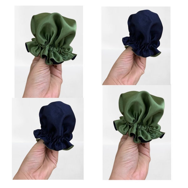 Chignon personalizzato verde militare in seta Coprichignon reversibile in raso di seta blu scuro, Coprichignon verde foresta e Coprichignon viola scuro, Cura dei capelli