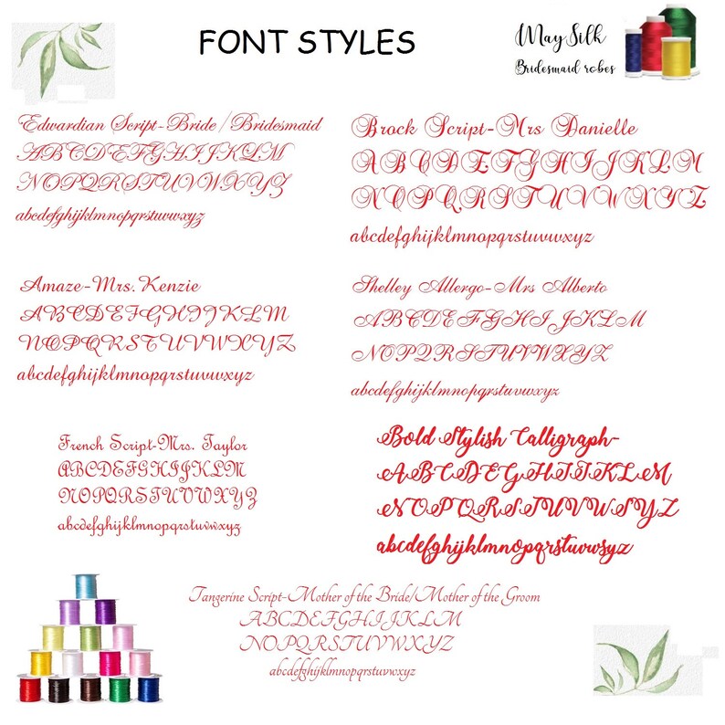 May include: Image showcasing various elegant font styles in red, including Edwardian Script, Brock Script, Amaze, Shelley Allergo, French Script, Bold Stylish Calligraph, and Tangerine Script. The text "FONT STYLES" is at the top. Spools of thread are also visible.