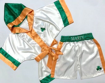 BANDERA NACIONAL POR ENCARGO Conjunto de túnica de boxeo de Irlanda Traje de boxeo de bandera estadounidense Traje de boxeador de bebé personalizado Traje de boxeador pequeño luchador