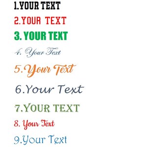 May include: A white background displays ten different embroidery font styles. The text "Embroidery font" is in purple script at the top. Each font style is numbered and shows the text "YOUR TEXT" or "Your Text" in various colors and styles.