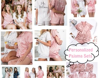 P4-Personalized Silk Satin Pajamas Bridesmaid pajamas, Pajamas short, Pajamas shirt, Satin Pajamas sets, custom