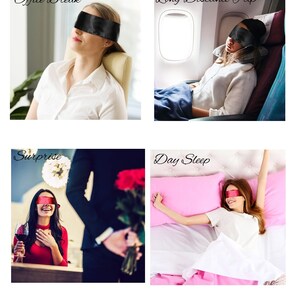 May include: A collage of images featuring black and red sleep masks. The images show the masks being used in various settings, including an office, an airplane, a romantic surprise, and a bedroom. Text overlays include "Office Break", "Long Distance Trip", "Surprise", and "Day Sleep".