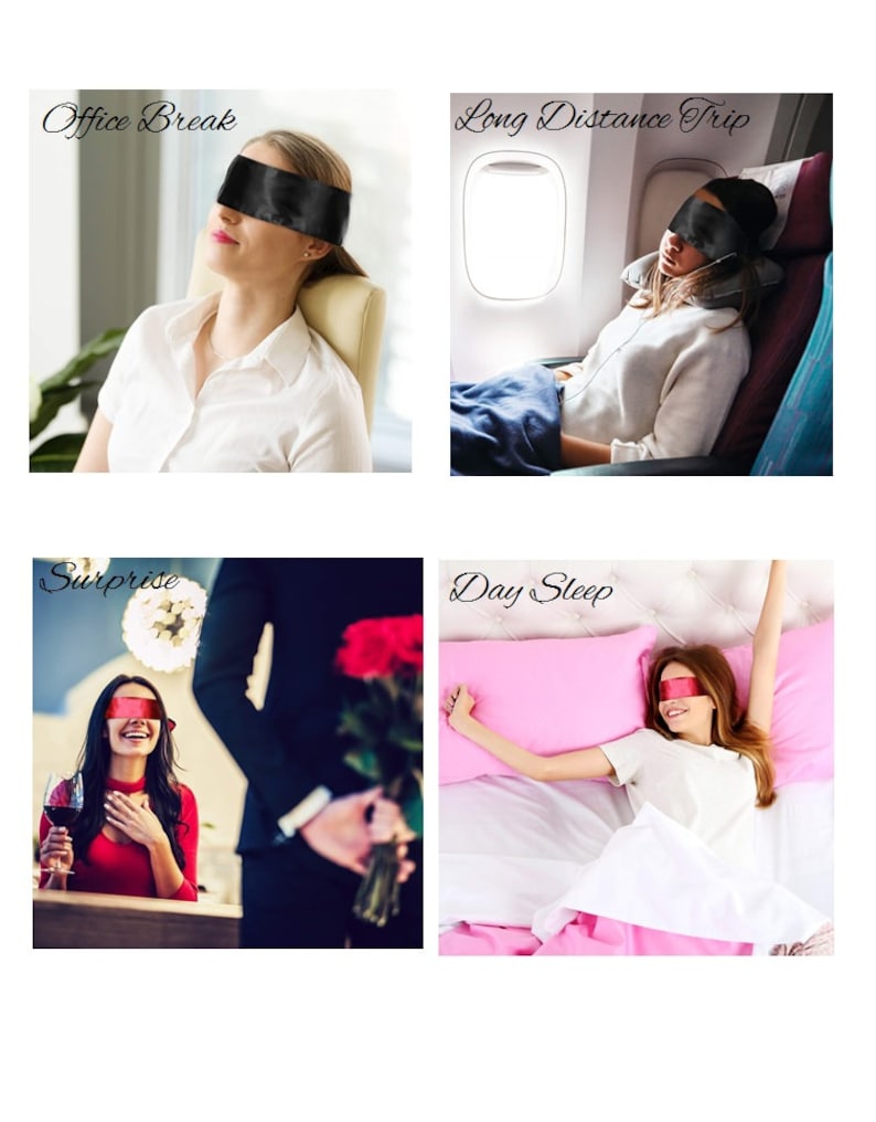 May include: A collage of images featuring black and red sleep masks. The images show the masks being used in various settings, including an office, an airplane, a romantic surprise, and a bedroom. Text overlays include "Office Break", "Long Distance Trip", "Surprise", and "Day Sleep".
