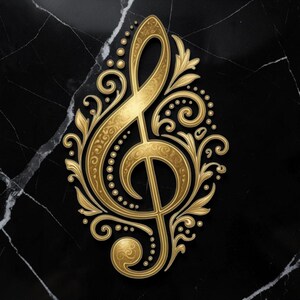 May include: A gold treble clef design with ornate floral and scroll details. The musical symbol is set against a black marble background, creating a striking contrast. The design is detailed and elegant.