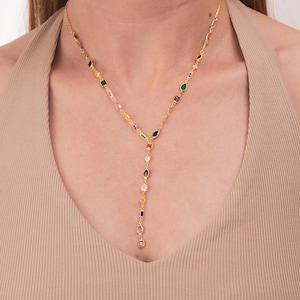 Lariat Necklace, Dainty Layering Y Necklace, Multi Stone Necklace, Lariat Necklace, Multicolor Gemstone NecklaceSilver Gold Rose Gold