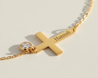 Personalized Cross Bracelet with Name & Birthstone, Custom Christian Jewelry, Gold Cross Name Bracelet, Faith Bracelet, Religious Gift