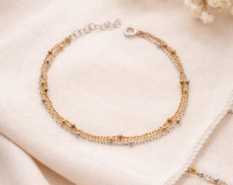 Tricolor Chain Bracelet, Gold Silver Rose Gold Beaded Bracelet, Layered Minimalist Dainty Bracelet for Women, Everyday Jewelry Gift