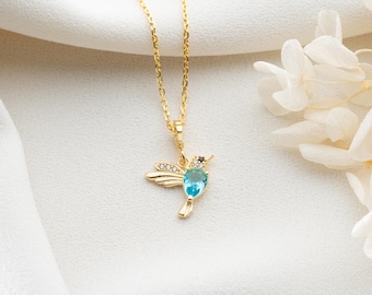 Personalized Sterling Silver Hummingbird Birthstone Necklace – Adjustable Minimalist Bird Jewelry, Gift for Her