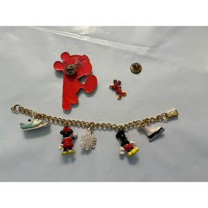 Vintage Disney Mickey Minnie Mouse Winter Charm Bracelet Brooch Pin Jewelry Set image 2