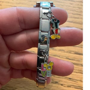 Disney Mickey Mouse Italian Charm Bracelet Watch Silver Tone and 18k gold charm image 2