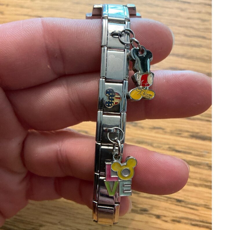 Disney Mickey Mouse Italian Charm Bracelet Watch Silver Tone and 18k gold charm image 2