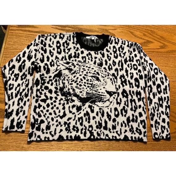 DKNY, Vintage DKNY Leopard Print Graphic Crewneck Sweater Black White womens Large