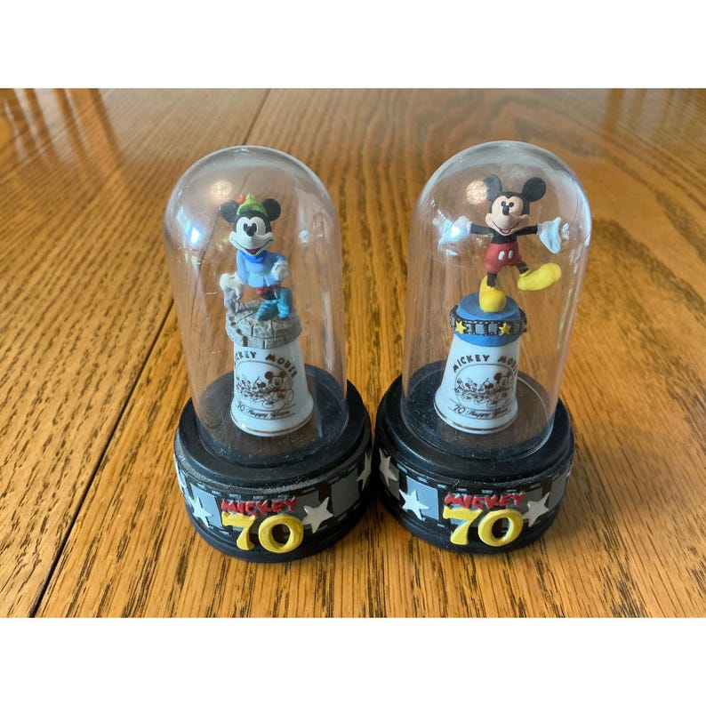 Disney Mickey Mouse 70 Happy Years Thimble Figurine Set of 2 Collectible Domes image 1