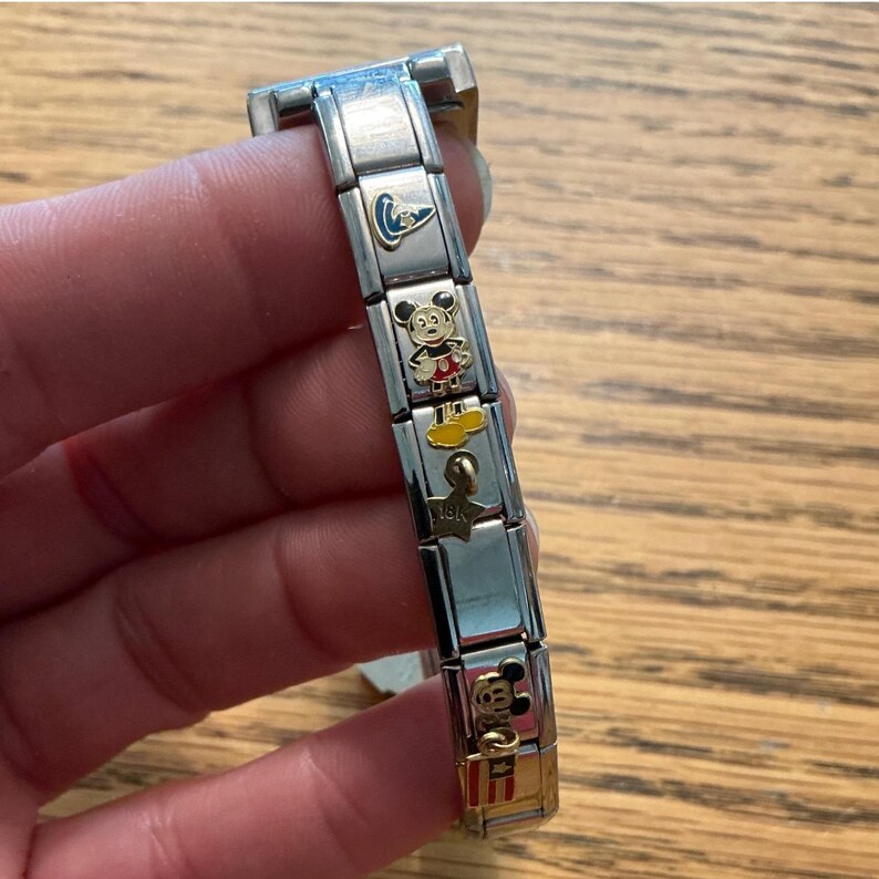 Disney Mickey Mouse Italian Charm Bracelet Watch Silver Tone and 18k gold charm image 3