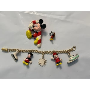 Vintage Disney Mickey Minnie Mouse Winter Charm Bracelet Brooch Pin Jewelry Set image 1