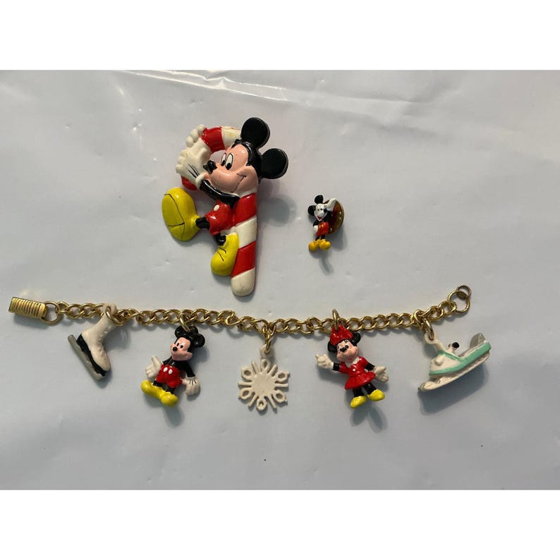 Vintage Disney Mickey Minnie Mouse Winter Charm Bracelet Brooch Pin Jewelry Set image 1