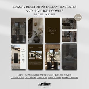 以下が含まれることがあります： 不動産業者向けのInstagramテンプレートとハイライトカバーのコレクション。ミニマリストデザインで、ニュートラルな色調が特徴です。「Luxury Realtor Instagram Templates and Highlight Covers」と「The Quiet Luxury Edit」のテキストが含まれています。