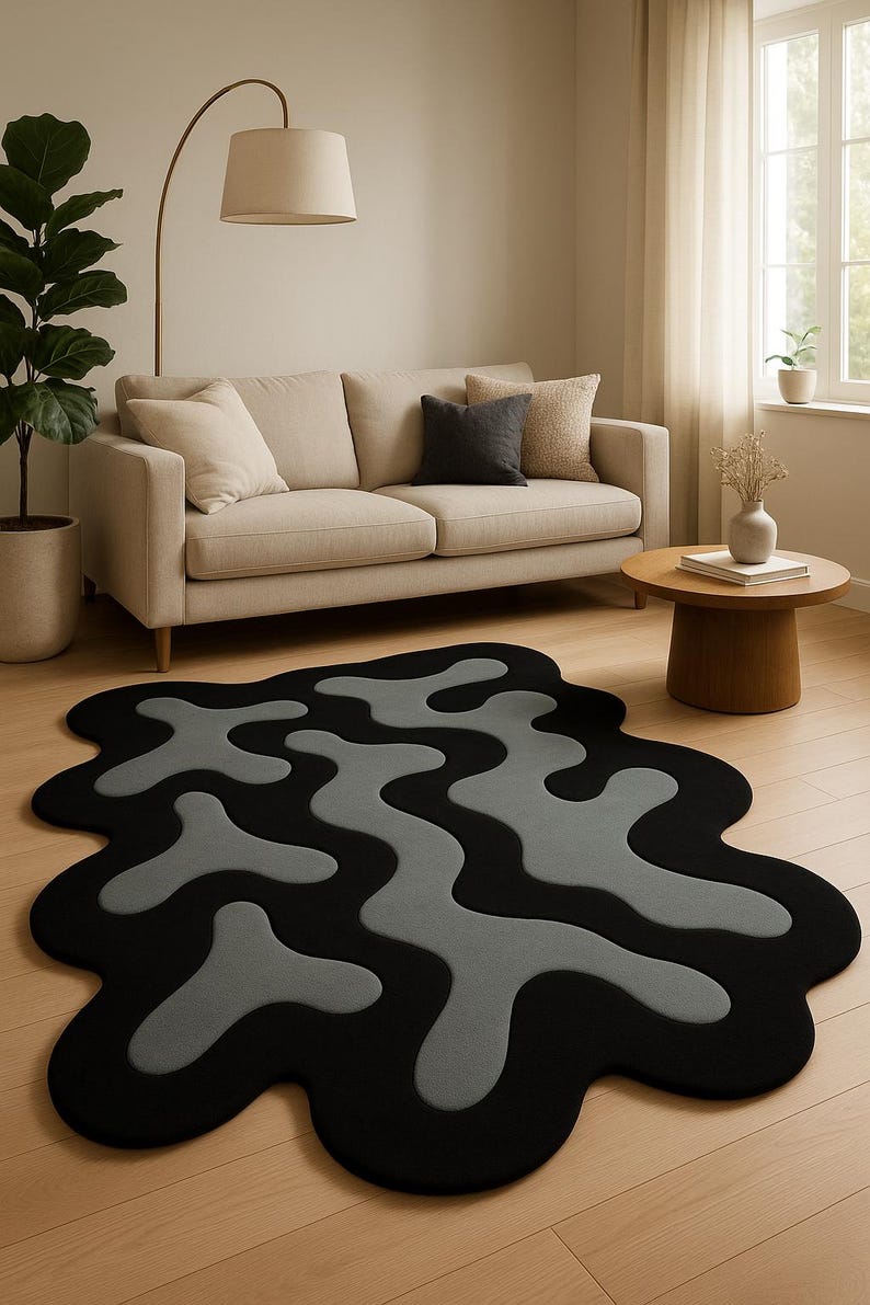 Hand-tufted Wavy Abstract Wool Rug: Black & Gray Organic Carpet - Etsy