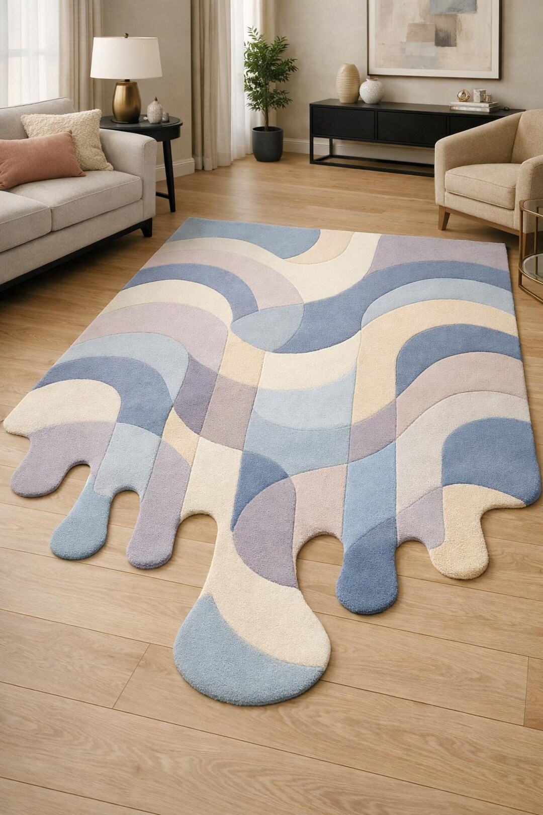 Abstract Pastel Area Rug With Drip Edge Design, Modern Wavy Pattern ...