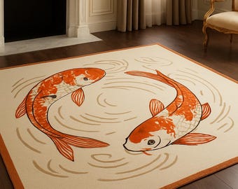 Handgetufteter Koi Fisch Teppich: Japanischer Orientteppich