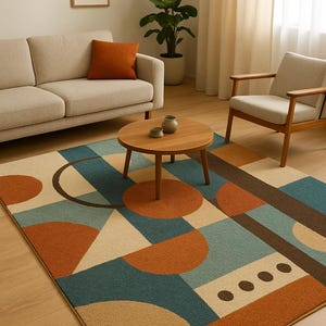 Może przedstawiać: Geometryczny dywan z wzorem w stylu mid-century modern. Dywan ma kształty w kolorze turkusowym, pomarańczowym, beżowym i brązowym. Okrągły drewniany stolik kawowy i beżowa sofa znajdują się w tle.
