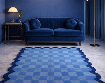 Hand-Tufted Blue Checkered Wool Rug, Scalloped Edge
