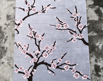 Handmade Rugs, Cherry Blossom Wool Floral Design in Pastel Blue