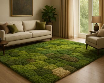 Hand-Tufted Green Moss Rug: Indian Wool Botanical Wall Art