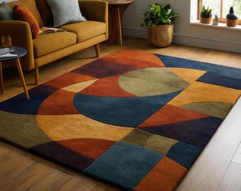 Hand-Tufted Geometric Wool Rug, Mid Century Modern Color Block Carpet