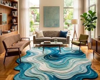 Hand-Tufted Blue Abstract Rug: Wavy Ocean Design, Wool Carpet