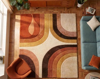 Mid Century Modern Area Rug: Retro Geometric, Earth Tones, Hand-Tufted Wool