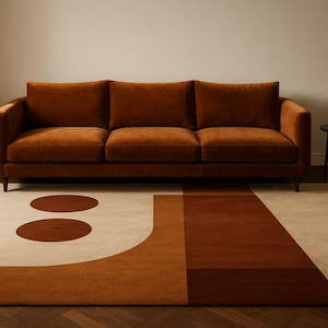 Mid Century Modern Area Rug – Beige & Rust Geometric Carpet