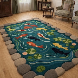 Puede incluir: Una alfombra rectangular con un diseño de estanque, con peces koi, nenúfares y un borde de piedra. El agua de la alfombra es de color verde azulado, con peces naranjas, amarillos y negros. El borde está hecho de piedras grises y marrones.