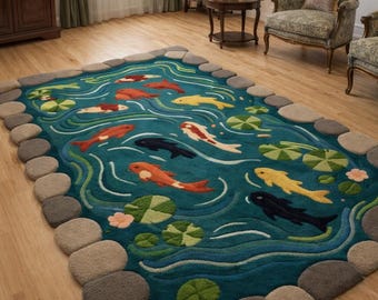 Hand-Tufted Koi Fish Pond Rug, Indian Wool, Kids Playroom