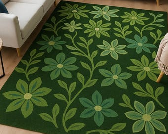 Hand-Tufted Green Floral Rug: Indian Wool Botanical Carpet