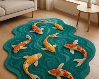 Hand-Tufted Koi Fish Pond Rug, Indian Wool, Zen Decor