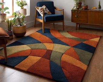 Hand-Tufted Geometric Wool Area Rug, Mid Century Modern Style