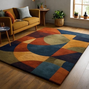 Alfombra geométrica, de lana tejida a mano con bloques de color, diseño de mediados de siglo.