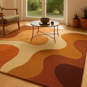 Handgeknüpfter Wollteppich, Retro-Wellen-Design der Mitte des 20. Jahrhunderts, Erdtöne