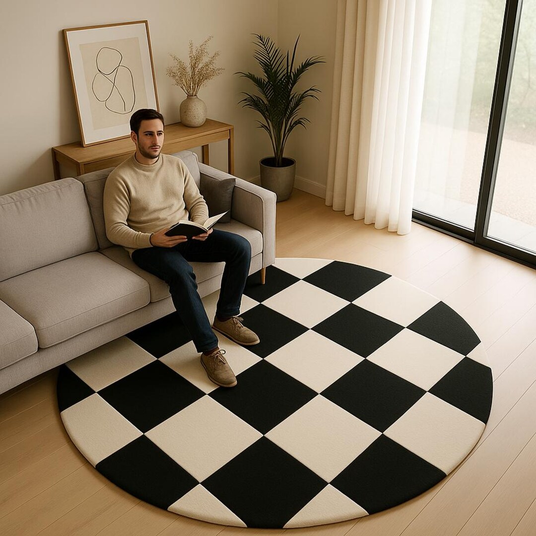 Hand-tufted Checkerboard Rug: Round Indian Wool Boho Decor - Etsy