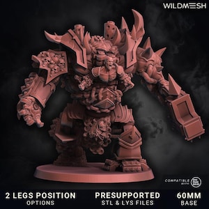 Könnte beinhalten: Ein detailliertes 3D-Modell einer großen, muskulösen Fantasy-Figur in einem rötlich-braunen Farbton. Die Figur hat einen humanoiden Torso mit einem schreienden Gesicht und ist stark gepanzert. Das Modell enthält den Text "2 LEGS POSITION OPTIONS", "PRESUPPORTED STL & LYS FILES" und "60MM BASE".