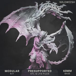 May include: A detailed 3D model of a winged demon with a menacing expression. The figure is gray with pink highlights, featuring intricate armor and sharp claws. The image includes text that reads "WILDMESH", "MODULAR KIT", "PRESUPPORTED STL & LYS FILES", and "60MM BASE".